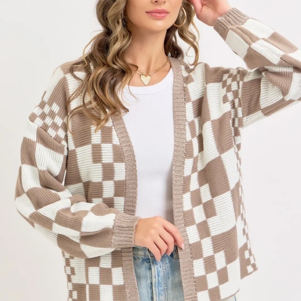 Mixed Checkered Knit Open Front Cardigan - Picture 4 of 6